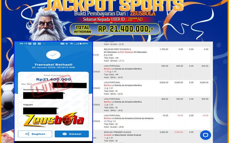 Bukti Kemenangan Member Setia Kami ZB***AD Sebesar Rp 21.400.000 di Permainan UBO SPORTS