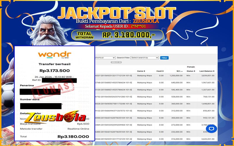 Bukti Kemenangan Member Setia Kami Z*M**01 Sebesar Rp 3.180.000 di Permainan MAHJONG WAYS