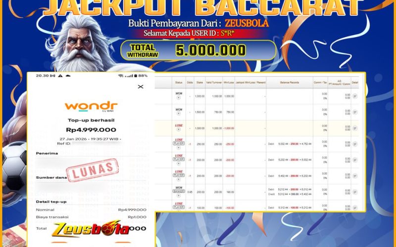 Bukti Kemenangan Member Setia Kami S*R* Sebesar Rp 5.000.000 di Permainan baccarat