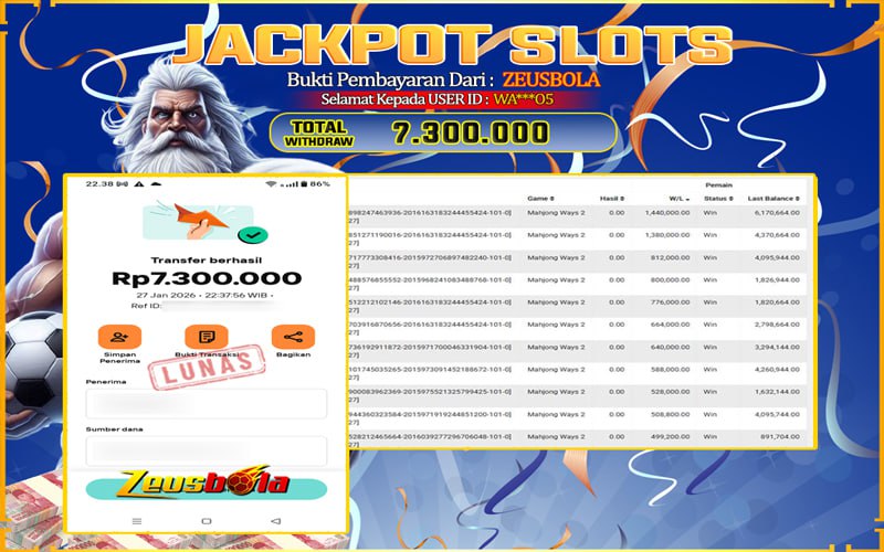 Bukti Kemenangan Member Setia Kami WA***O5 Sebesar Rp 7.300.000 di Permainan mahjong ways 2