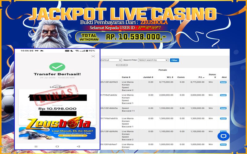 Bukti Kemenangan Member Setia Kami A***A**A9*7 Sebesar Rp 10.598.000 di Permainan CASINO