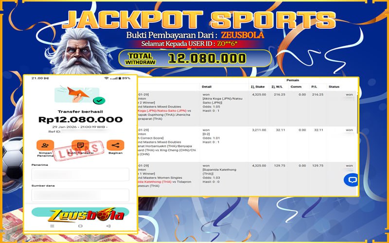 Bukti Kemenangan Member Setia Kami ZO**6* Sebesar Rp 12.080.000 di Permainan CMD Sports