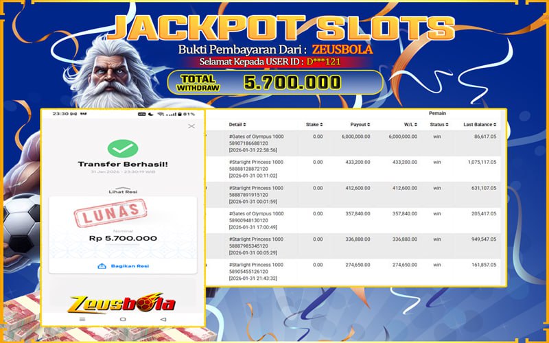 Bukti Kemenangan Member Setia Kami D***121 Sebesar Rp 5.700.000 di Permainan gates of olympus 1000