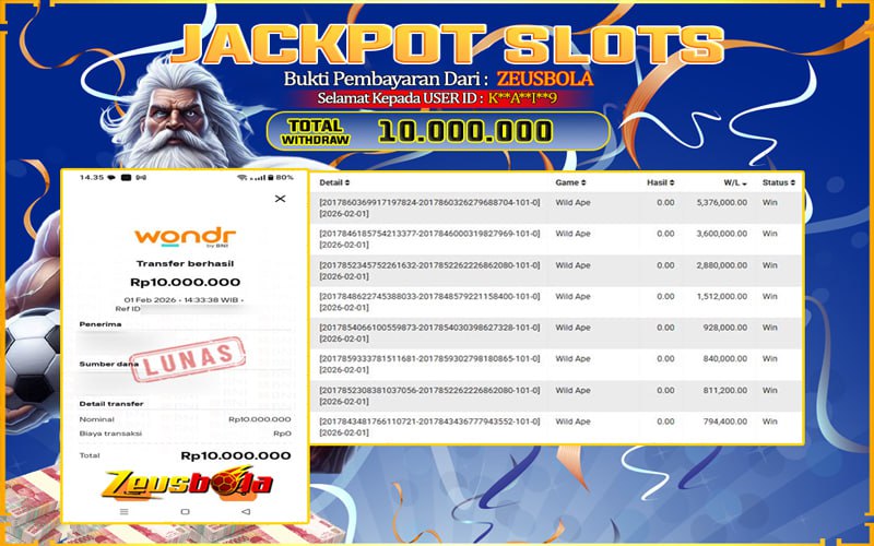 Bukti Kemenangan Member Setia Kami K**A**I**9 Sebesar Rp 10.000.000 di Permainan wild ape