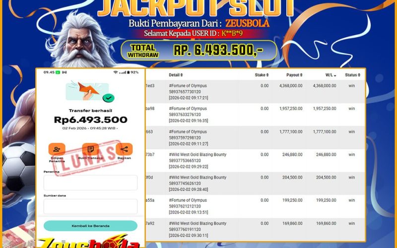 Bukti Kemenangan Member Setia Kami K**B*9 Sebesar Rp 6.493.500 di Permainan Fortune of Olympus