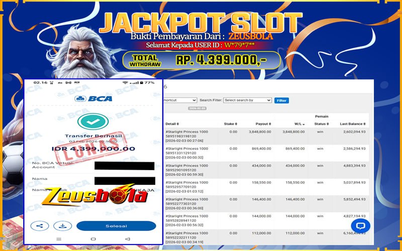 Bukti Kemenangan Member Setia Kami W*79*7** Sebesar Rp 4.399.000 di Permainan STARLIGHT PRINCESS 1000