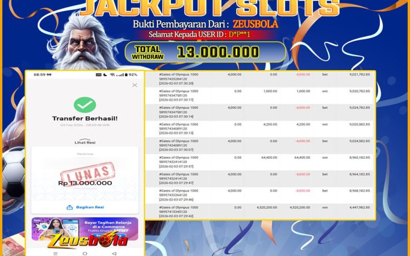 Bukti Kemenangan Member Setia Kami D*P**1 Sebesar Rp 13.000.000 di Permainan gates of olympus 1000
