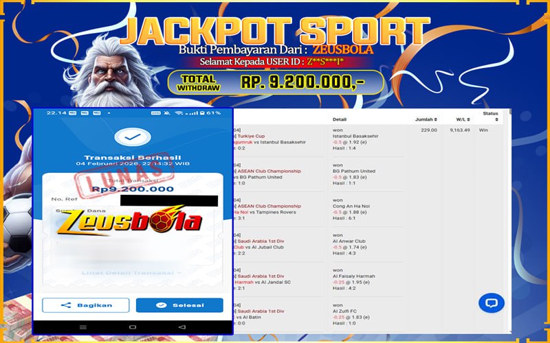 Bukti Kemenangan Member Setia Kami Z**S***I* Sebesar Rp 9.200.000 di Permainan SBO SPORT