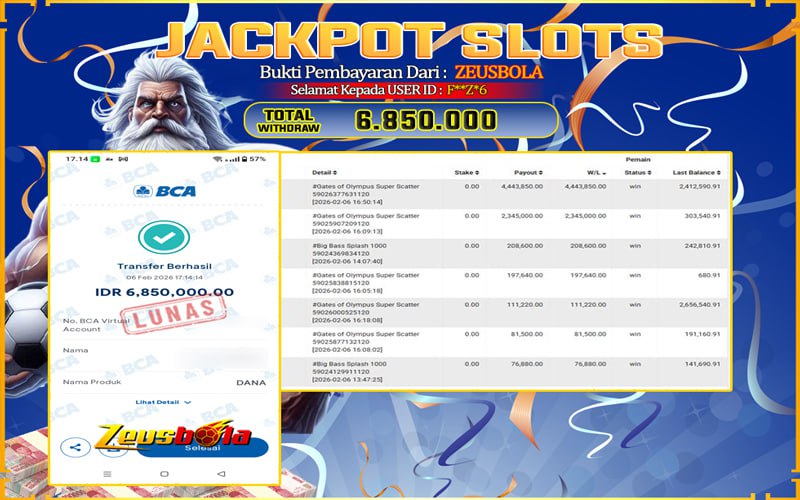 Bukti Kemenangan Member Setia Kami F**Z*6 Sebesar Rp 6.850.000 di Permainan gates of olympus super scatter