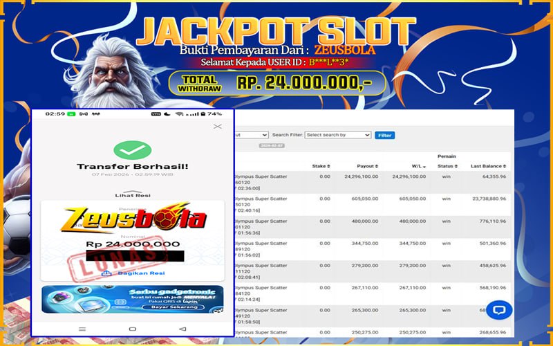 Bukti Kemenangan Member Setia Kami B***L**3* Sebesar Rp 24.000.000 di Permainan Gates of Olympus Super Scatter