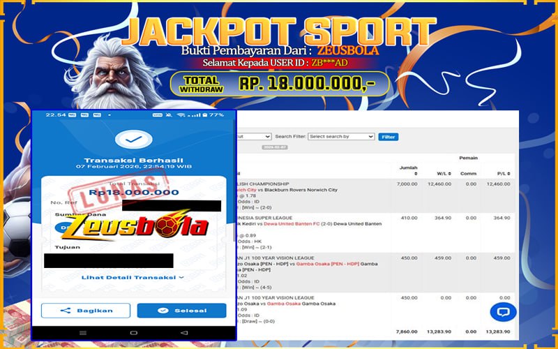 Bukti Kemenangan Member Setia Kami ZB***AD Sebesar Rp 18.000.000 di Permainan UBO Sports