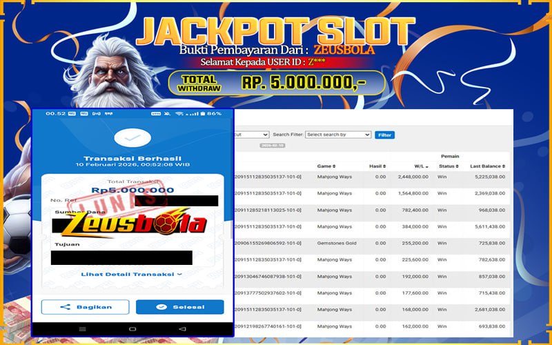 Bukti Kemenangan Member Setia Kami Z*** Sebesar Rp 5.000.000 di Permainan Mahjong Ways