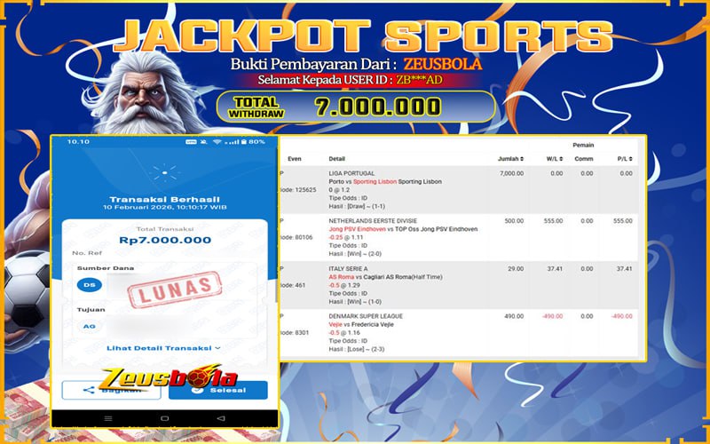 Bukti Kemenangan Member Setia Kami ZB***AD Sebesar Rp 7.000.000 di Permainan UBO Sports