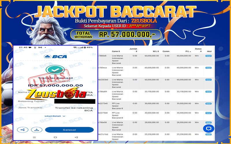 Bukti Kemenangan Member Setia Kami A***A**A9*7 Sebesar Rp 57.000.000 di Permainan BACCARAT