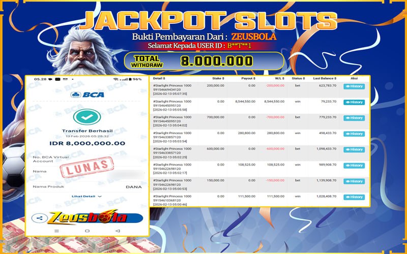Bukti Kemenangan Member Setia Kami B**T**1 Sebesar Rp 8.000.000 di Permainan Starlight Princess 1000