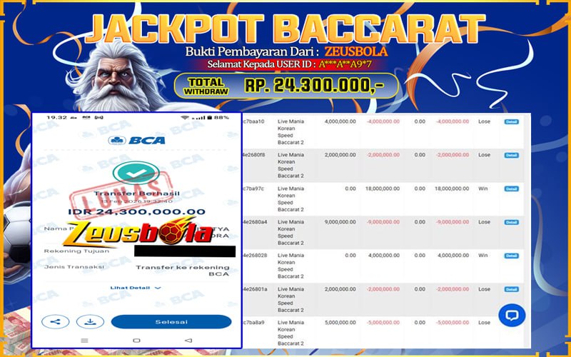 Bukti Kemenangan Member Setia Kami A***A**A9*7 Sebesar Rp 24.300.000 di Permainan Baccarat