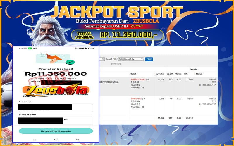 Bukti Kemenangan Member Setia Kami ZO**6* Sebesar Rp 11.350.000 di Permainan CMD Sports
