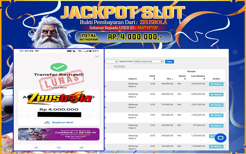 Bukti Kemenangan Member Setia Kami MA**H*TA* Sebesar Rp 4.000.000 di Permainan Mahjong Ways 2