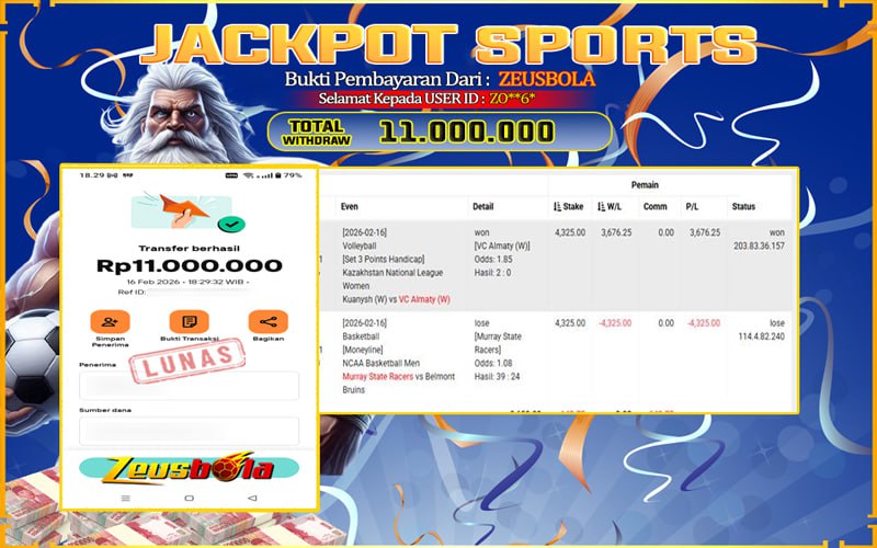 Bukti Kemenangan Member Setia Kami ZO**6* Sebesar Rp 11.000.000 di Permainan SABA Sports