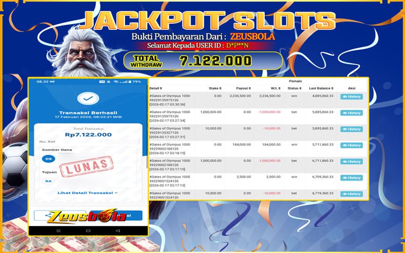 Bukti Kemenangan Member Setia Kami D*P**N Sebesar Rp 7.122.000 di Permainan gates of olympus 1000