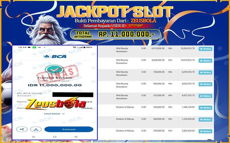 Bukti Kemenangan Member Setia Kami S**I*99* Sebesar Rp 11.000.000 di Permainan Dreams of Macau