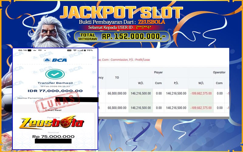 Bukti Kemenangan Member Setia Kami Z**S**4* Sebesar Rp 152.000.000 di Permainan Gates Of Olympus 1000