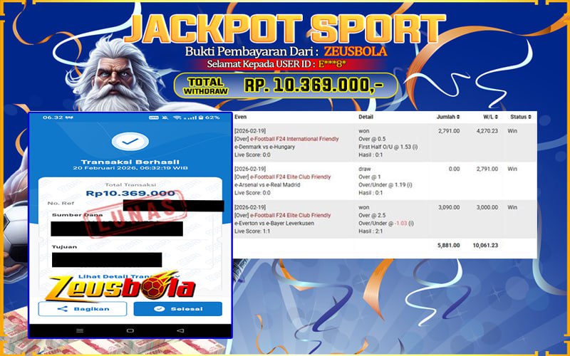 Bukti Kemenangan Member Setia Kami E***8* Sebesar Rp 13.369.000 di Permainan SBO Sport Seamless