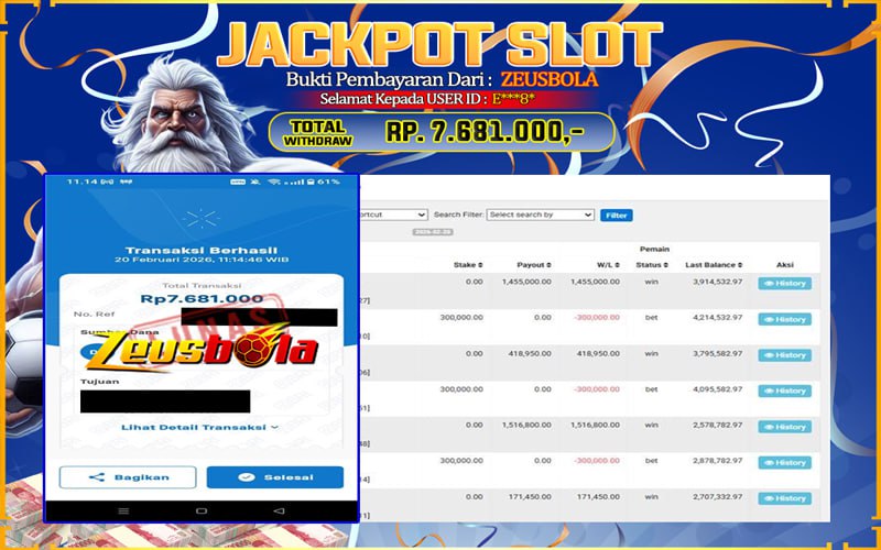 Bukti Kemenangan Member Setia Kami E***8* Sebesar Rp 7.681.000 di Permainan Gates of Olympus