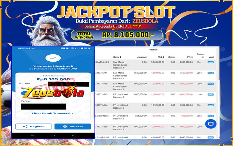 Bukti Kemenangan Member Setia Kami E***8* Sebesar Rp 8.105.000 di Permainan PP Live Dealer