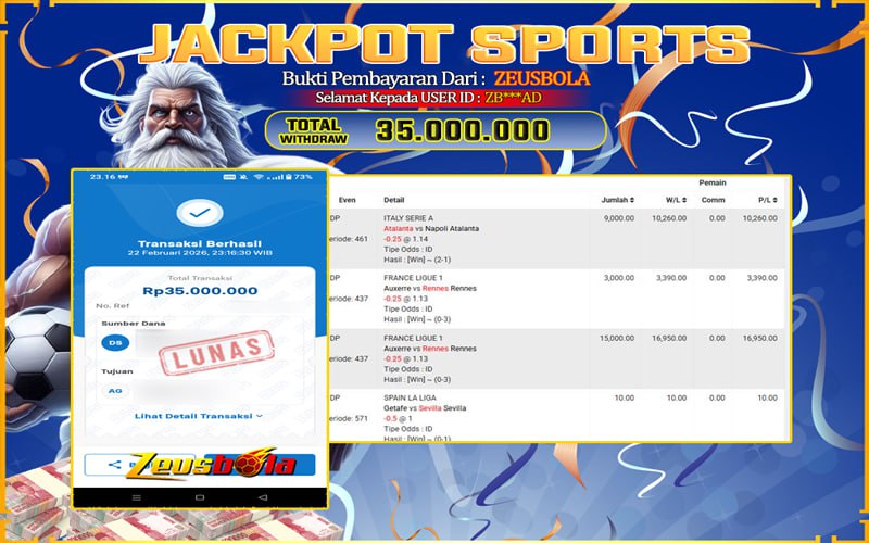 Bukti Kemenangan Member Setia Kami ZB***AD Sebesar Rp 35.000.000 di Permainan UBO Sports