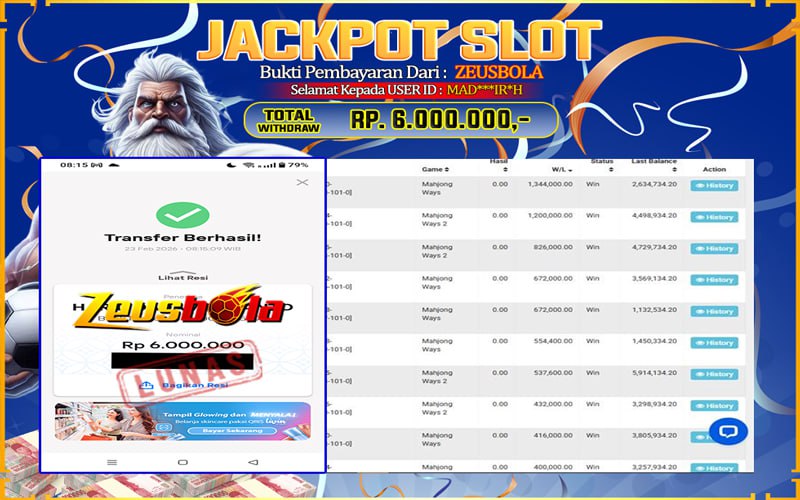 Bukti Kemenangan Member Setia Kami MAD***IR*H Sebesar Rp 6.000.000 di Permainan Mahjong Ways