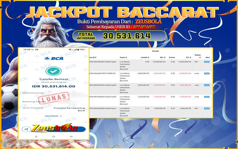 Bukti Kemenangan Member Setia Kami A***A**A9*7 Sebesar Rp 30.531.614 di Permainan baccarat