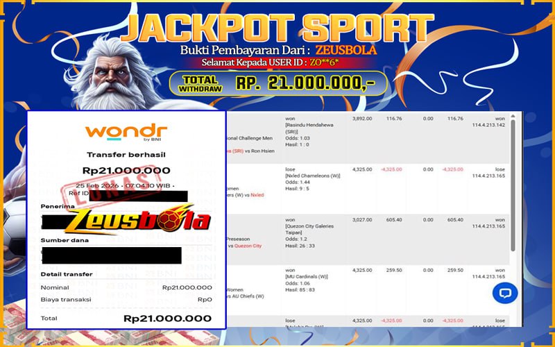 Bukti Kemenangan Member Setia Kami ZO**6* Sebesar Rp 21.000.000 di Permainan CMD Sports