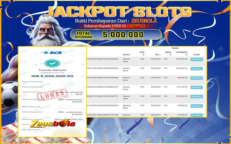 Bukti Kemenangan Member Setia Kami VE****23 Sebesar Rp 5.000.000 di Permainan galatic gems