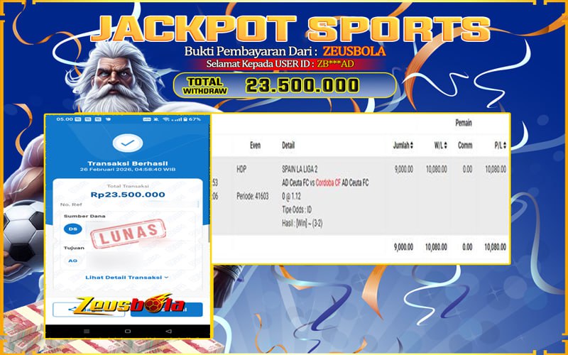 Bukti Kemenangan Member Setia Kami ZB***AD Sebesar Rp 23.500.000 di Permainan UBO Sports