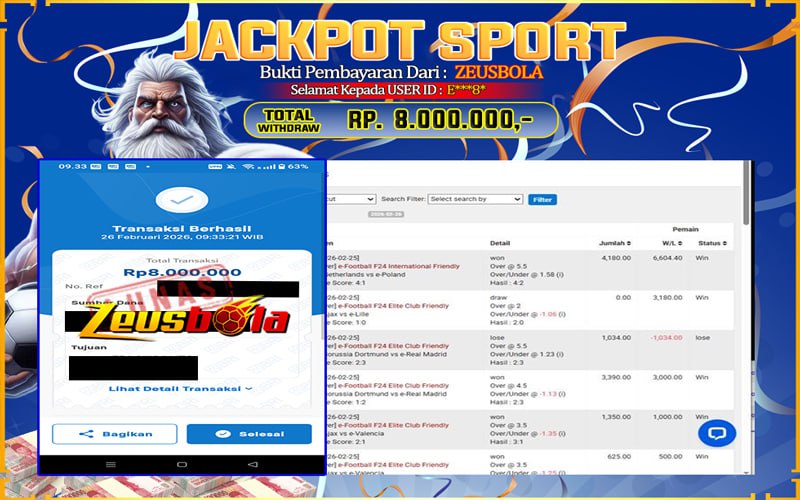 Bukti Kemenangan Member Setia Kami E***8* Sebesar Rp 8.000.000 di Permainan SBO Sport