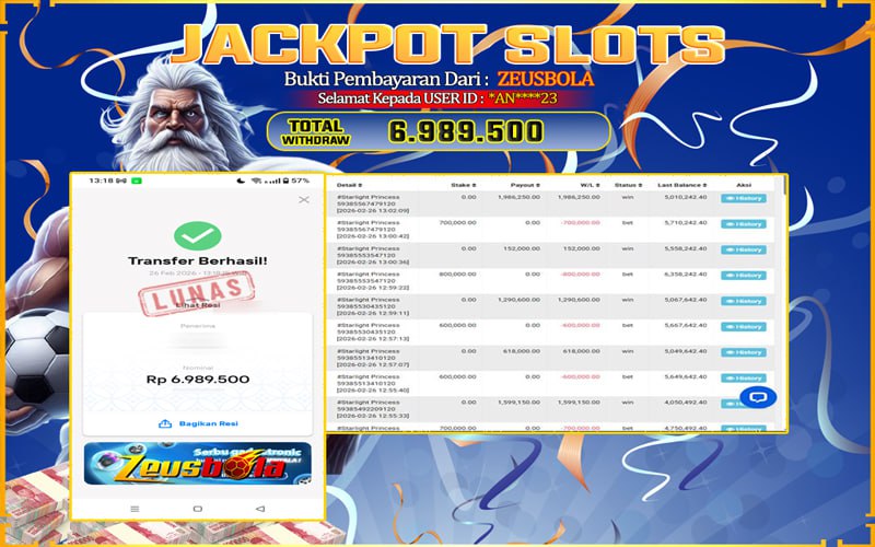 Bukti Kemenangan Member Setia Kami *AN****23 Sebesar Rp 6.989.500 di Permainan Starlight Princes