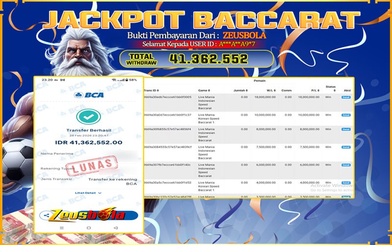 Bukti Kemenangan Member Setia Kami A***A**A9*7 Sebesar Rp 41.362.552 di Permainan baccarat