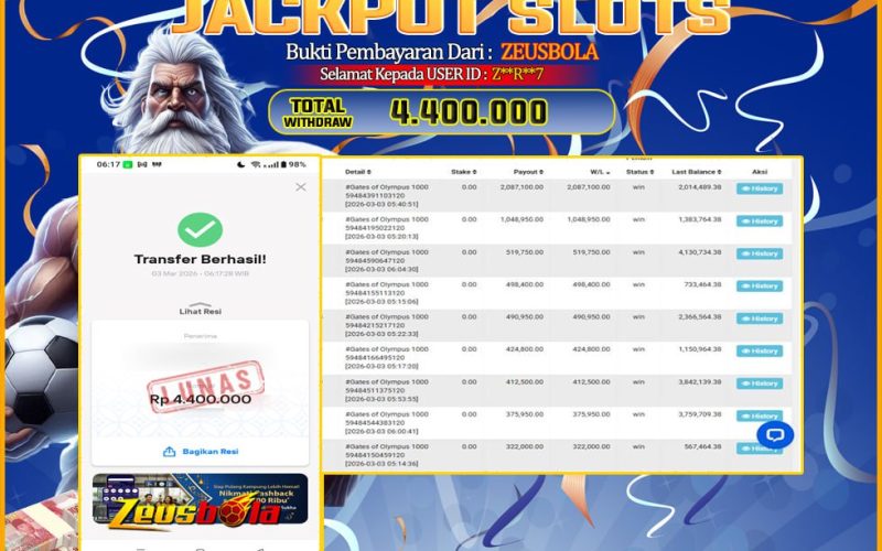Bukti Kemenangan Member Setia Kami Z**R**7 Sebesar Rp 4.400.000 di Permainan Gates of Olympus 1000