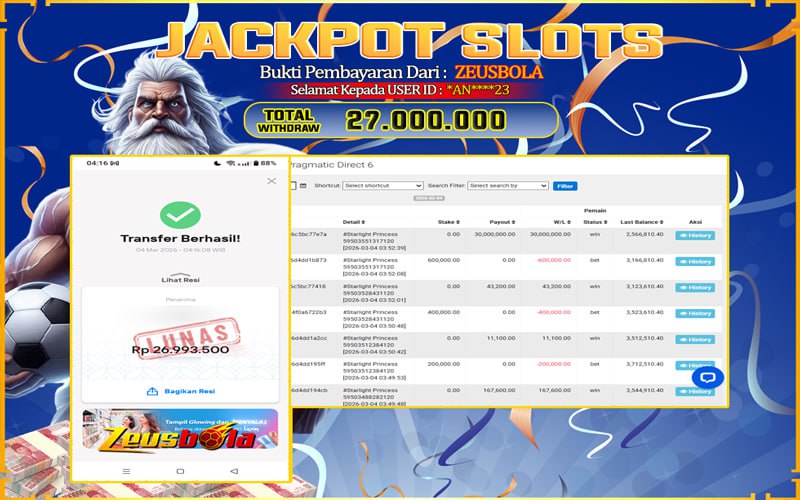 Bukti Kemenangan Member Setia Kami *AN****23 Sebesar Rp 27.000.000 di Permainan Starlight Princess