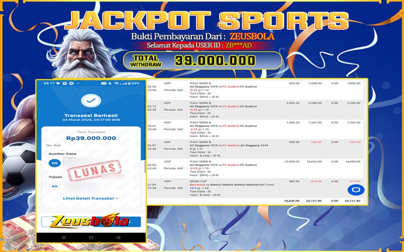 Bukti Kemenangan Member Setia Kami ZB***AD Sebesar Rp 39.000.000 di Permainan UBO Sports