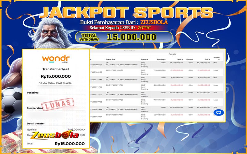 Bukti Kemenangan Member Setia Kami ZO**6* Sebesar Rp 15.000.000 di Permainan SBO sexy seamless