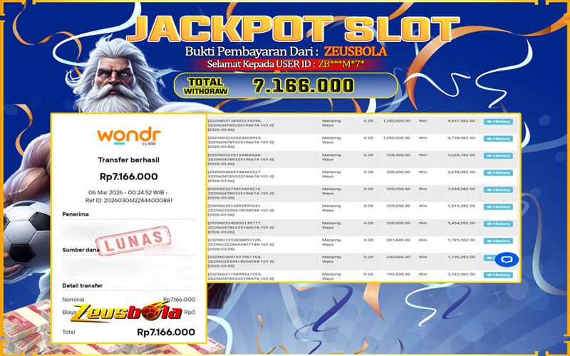 Bukti Kemenangan Member Setia Kami ZB***M*7* Sebesar Rp 7.166.000 di Permainan Mahjong Ways