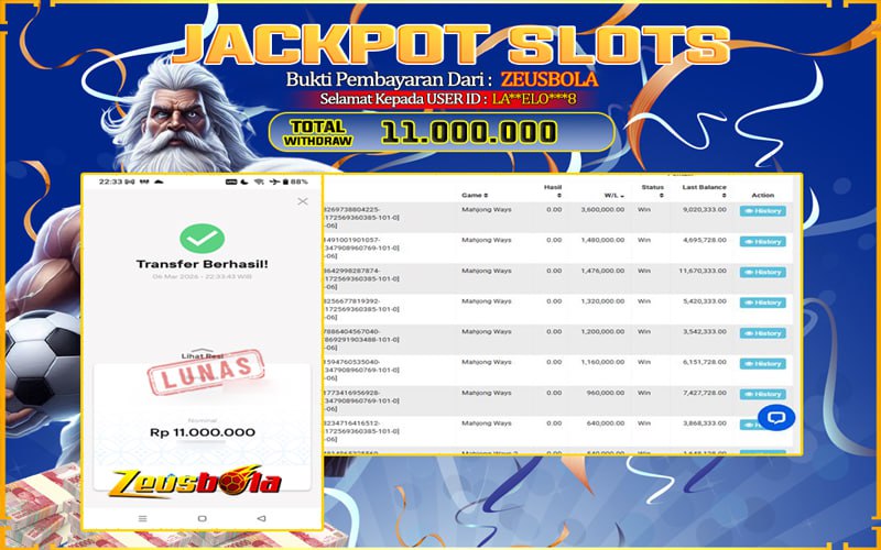 Bukti Kemenangan Member Setia Kami LA**ELO***8 Sebesar Rp 11.000.000 di Permainan Mahjong Ways