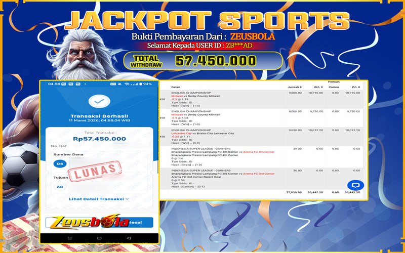 Bukti Kemenangan Member Setia Kami ZB***AD Sebesar Rp 57.450.000 di Permainan UBO sports
