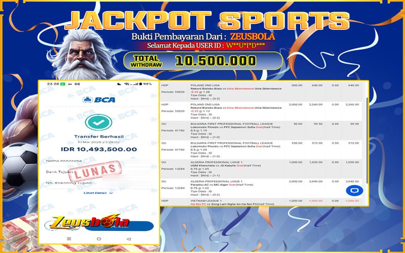 Bukti Kemenangan Member Setia Kami W**U*I*D*** Sebesar Rp 10.500.000 di Permainan UBO Sports