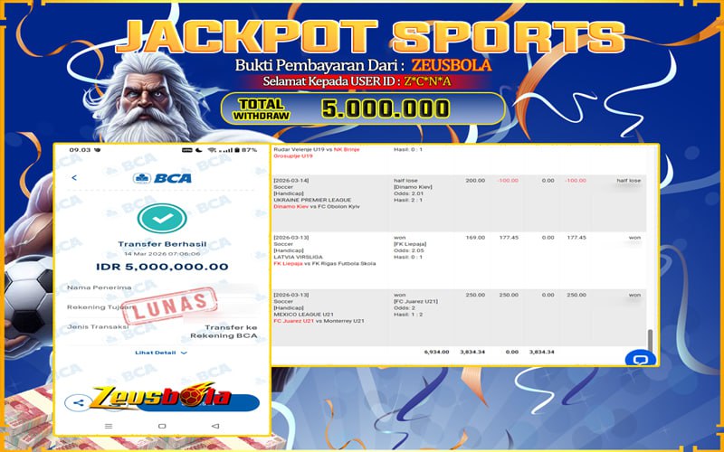 Bukti Kemenangan Member Setia Kami Z*C*N*A Sebesar Rp 5.000.000 di Permainan Saba Sport