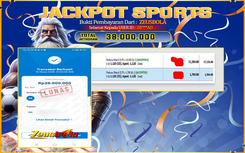 Bukti Kemenangan Member Setia Kami ZB***AD Sebesar Rp 38.000.000 di Permainan UBO Sports