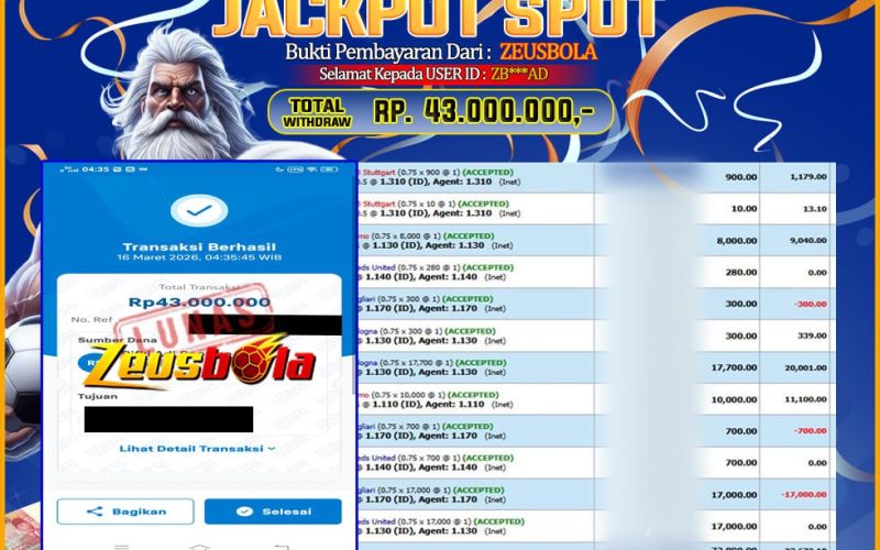 Bukti Kemenangan Member Setia Kami ZB***AD Sebesar Rp 43.000.000 di Permainan UBO SPORT