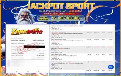 Bukti Kemenangan Member Setia Kami ZB***AD Sebesar Rp 56.700.000 di Permainan UBO Sport